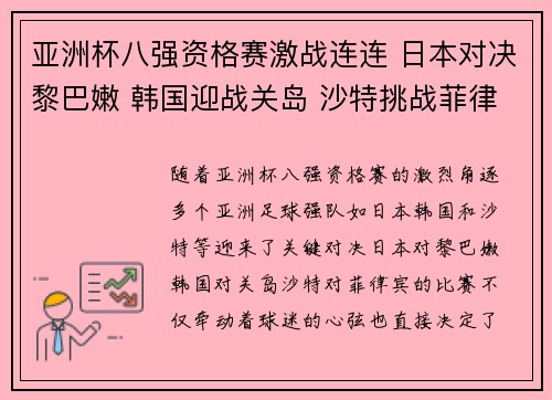 亚洲杯八强资格赛激战连连 日本对决黎巴嫩 韩国迎战关岛 沙特挑战菲律宾