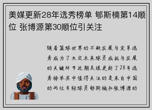 美媒更新28年选秀榜单 郇斯楠第14顺位 张博源第30顺位引关注